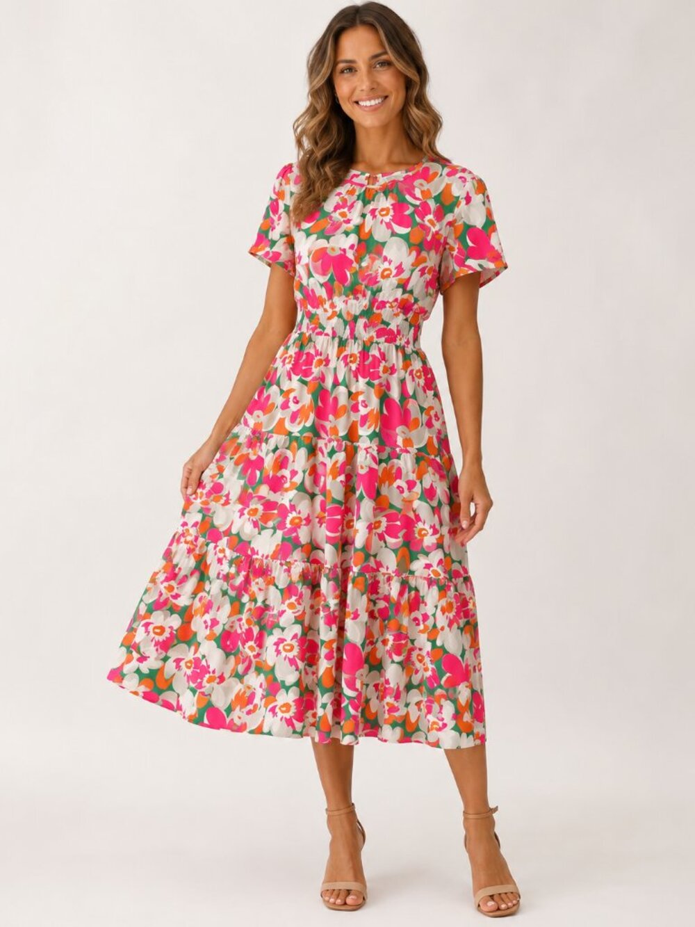 PrettyGarden Floral Midi Dress Women’s Large Pink Orange Green Smocked Waist Tie